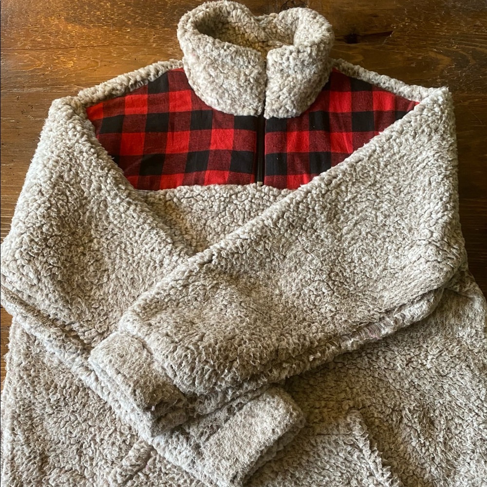 Women's XL Buffalo Check Furry 1/4 Zip Sweater